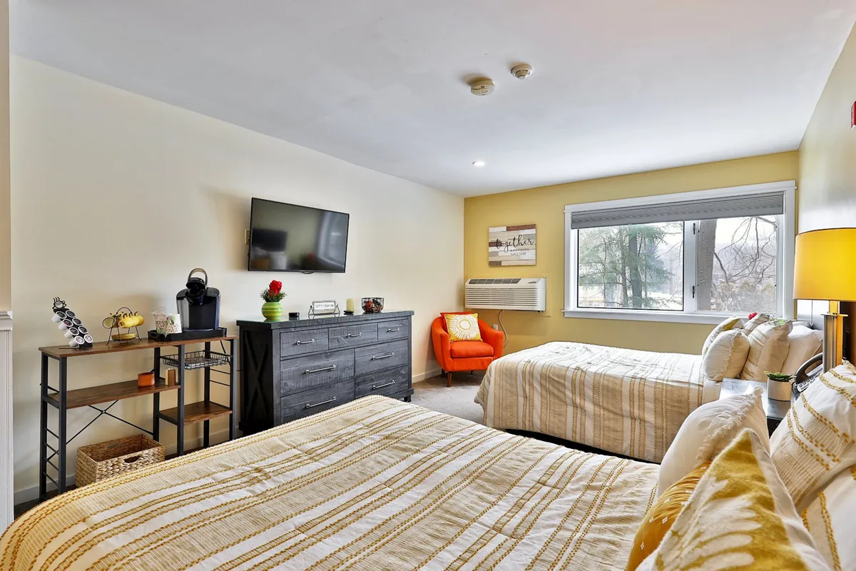 The image shows a bright, newly renovated studio apartment with two plush queen beds, a mounted TV for cozy movie nights, a vibrant orange chair perfect for reading or sipping morning coffee, and a dresser. Natural light streams in from the window, adding to the inviting atmosphere and offering a glimpse of the Vermont scenery.